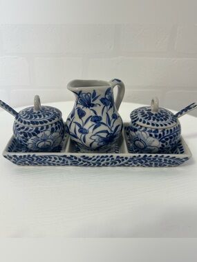 Vintage Blue White Talavera Style Floral Sugar Cream Condiment Set Tray & Spoons